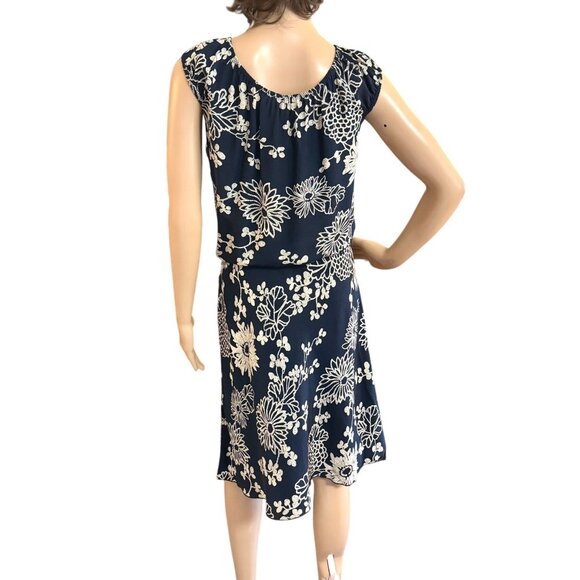 J Crew Womens Navy Floral Silk Midi Dress Size 12 Elastic Waist Scoop Neck - Picture 2 of 14